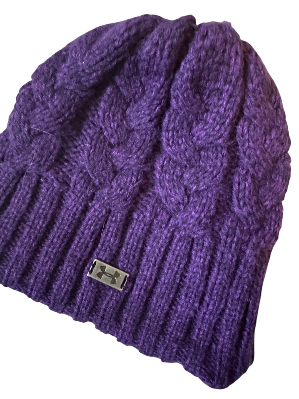 💜Under Armour Women's Purple Cable Knit Fleece Lined Fall Winter Beanie Hat